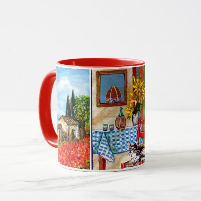 LANDSCHAFT, KÜCHE, SONNENBLUMEN, KATZE UND WEIN TASSE (Vorderseite Links)