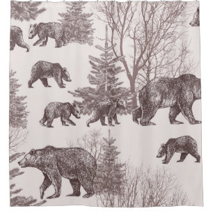 Landschaft mit Bären, Sträuchern, Winterbäumen und Duschvorhang