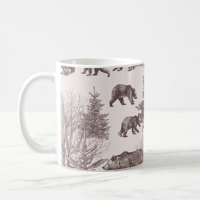 Landschaft mit Bären, Sträuchern, Winterbäumen und Kaffeetasse (Links)