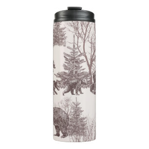 Landschaft mit Bären, Sträuchern, Winterbäumen und Thermosbecher