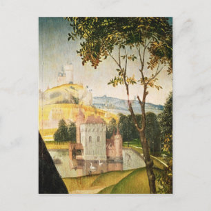 Landschaft mit Burg in einem Graben und zwei Schwä Postkarte