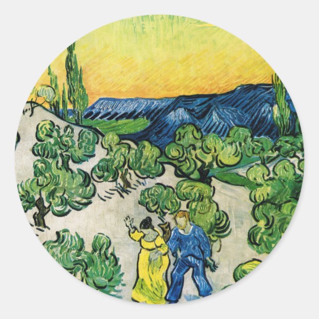Landschaft mit Couple Walking von Vincent van Gogh Runder Aufkleber (Vorderseite)