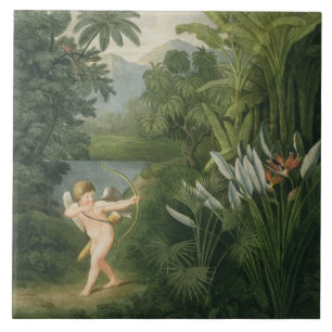 Landschaft mit Cupid, die einen Pfeil auf einen Pa Fliese