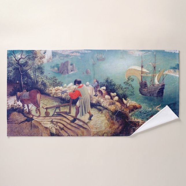 Landschaft mit dem Fall von Icarus, Pieter Bruegel Badehandtuch (Badehandtuch)