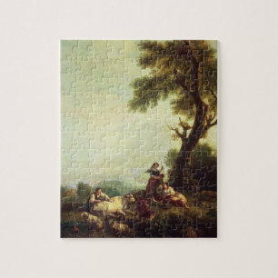 Landschaft mit den Bauern, die eine Herde des