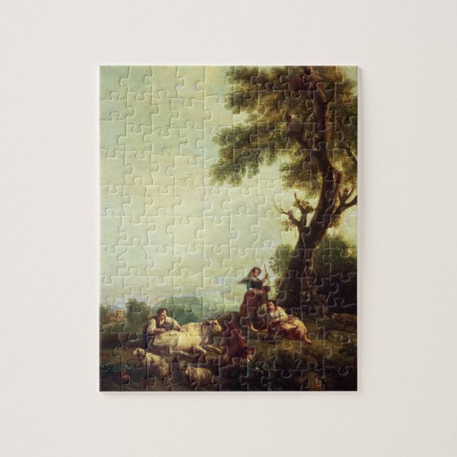 Landschaft mit den Bauern, die eine Herde des (Vertikal)