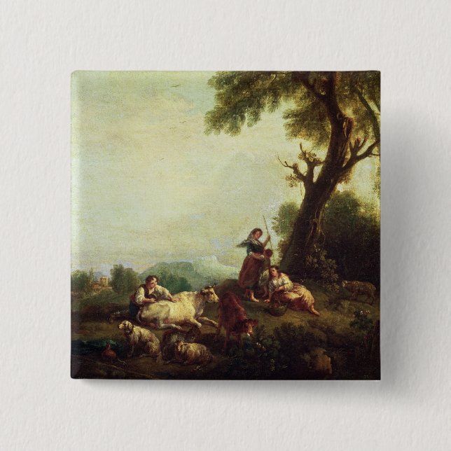 Landschaft mit den Bauern, die eine Herde des Button (Vorderseite)