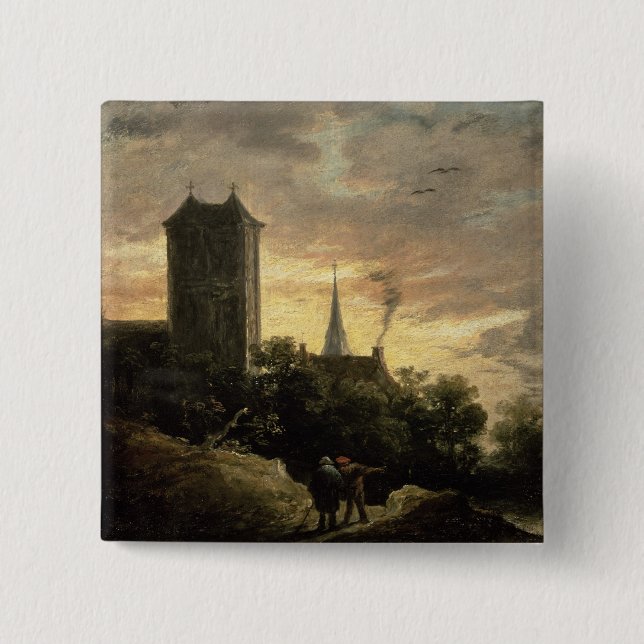 Landschaft mit einem Turm (Öl auf Leinwand) Button (Vorderseite)