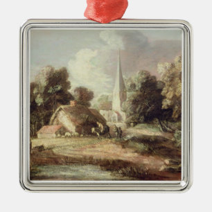 Landschaft mit einer Kirche, Hütte, Dorfbewohner Silbernes Ornament