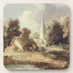 Landschaft mit einer Kirche, Hütte, Dorfbewohner Untersetzer