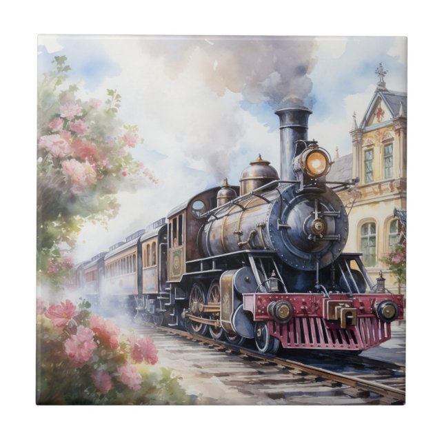 Landschaft mit einer viktorianischen Eisenbahn Fliese (Vorderseite)
