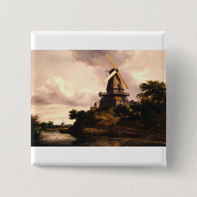 Landschaft mit einer Windmühle Kunst Button (Vorderseite)