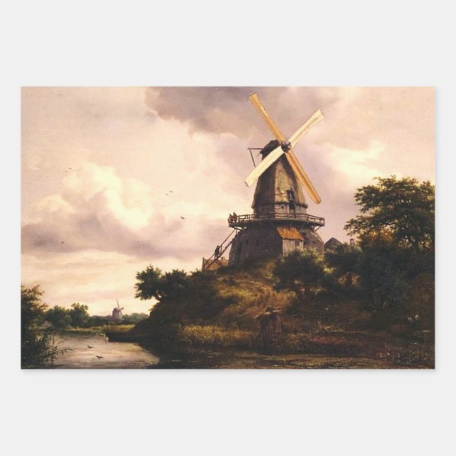 Landschaft mit einer Windmühle Kunst Geschenkpapier Set (Vorderseite)