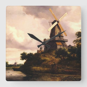 Landschaft mit einer Windmühle Kunst Quadratische Wanduhr
