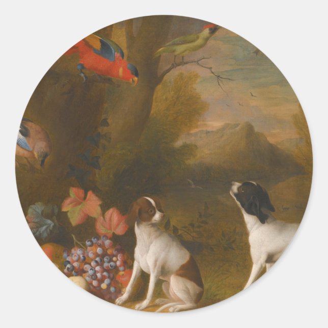 Landschaft mit exotischen Vögeln und zwei Hunden Runder Aufkleber (Vorderseite)