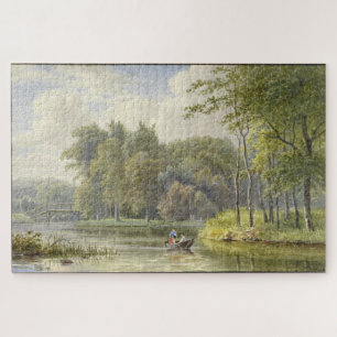 Landschaft mit Figuren in einem Ruderboot Vintage