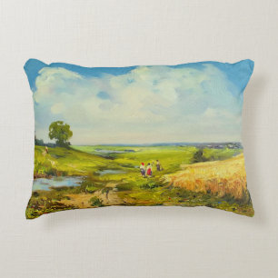 Landschaft mit Figuren von Menschen in der Nähe ei Dekokissen