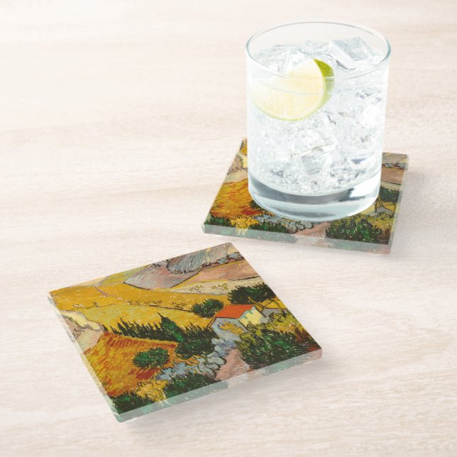 Landschaft mit Haus und PloughmaVincent van Gogh Glasuntersetzer (Schrägansicht)