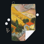Landschaft mit Haus und PloughmaVincent van Gogh Golfhandtuch<br><div class="desc">Landschaft mit Haus und Plowman. Vincent Willem van Gogh. Landschaft in leuchtend warmen Farben. Es gibt ein Haus mit rotem Dach an der Straße. Gelbe Felder gehen die Hügel hinauf. Auf dem Feld erntet ein Mann mit einem Pferd. Reproduktion berühmter Kunstbilder im öffentlichen Bereich.</div>