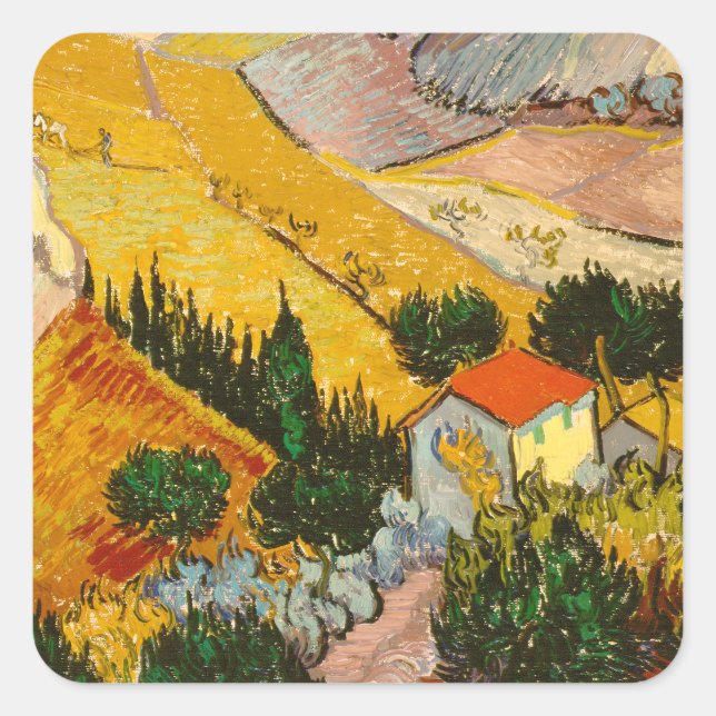 Landschaft mit Haus und PloughmaVincent van Gogh Quadratischer Aufkleber (Vorderseite)