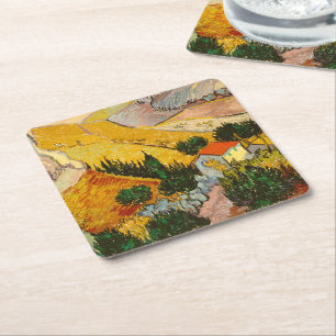 Landschaft mit Haus und PloughmaVincent van Gogh Rechteckiger Pappuntersetzer