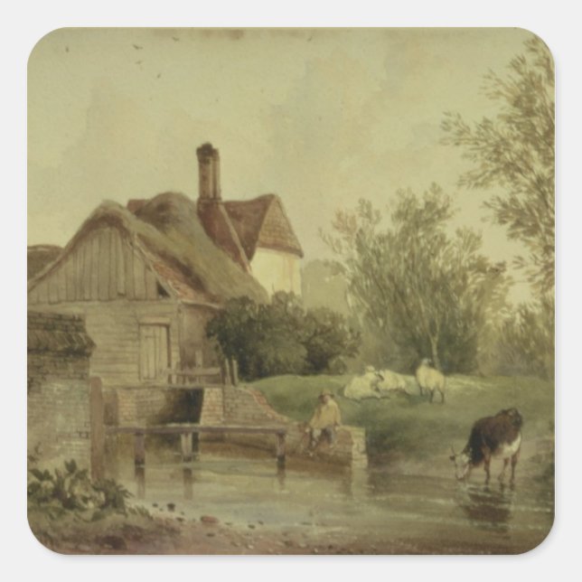 Landschaft mit Hütte Quadratischer Aufkleber (Vorderseite)