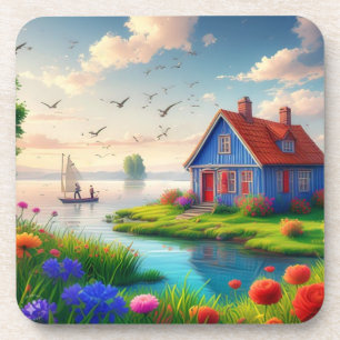 Landschaft mit Hütte und See,-434567 Getränkeuntersetzer