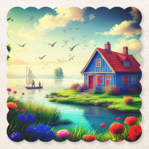 Landschaft mit Hütte und See,-434567 Untersetzer