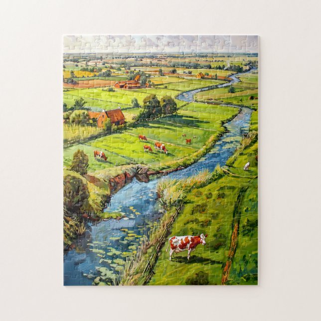 Landschaft mit Kühen und Bach Fantasy-Gemälde (Vertikal)