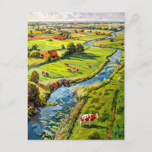 Landschaft mit Kühen und Bach Fantasy-Malerei Postkarte