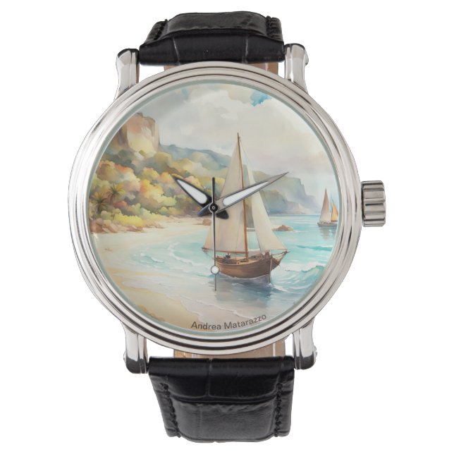 Landschaft mit Meer und Segelschiffen Armbanduhr (Vorderseite)