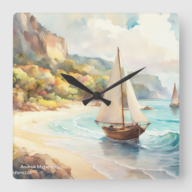 Landschaft mit Meer und Segelschiffen Quadratische Wanduhr (Vorderseite)