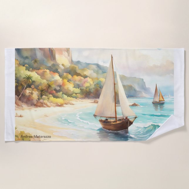 Landschaft mit Meer und Segelschiffen Strandtuch (Vorderseite)