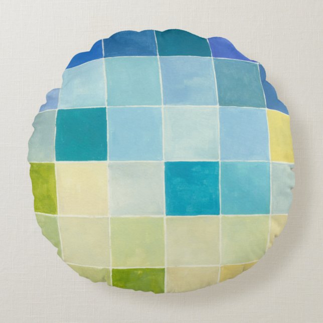 Landschaft mit mehrfarbigen, pixeligen Quadraten Rundes Kissen (Vorderseite)