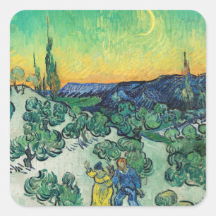 Landschaft mit Paarwandern & Crescent Moon Quadratischer Aufkleber