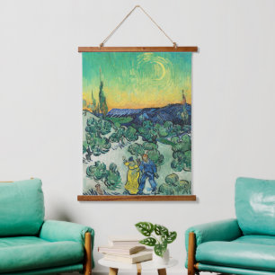Landschaft mit Paarwandern & Crescent Moon Wandteppich Mit Holzrahmen
