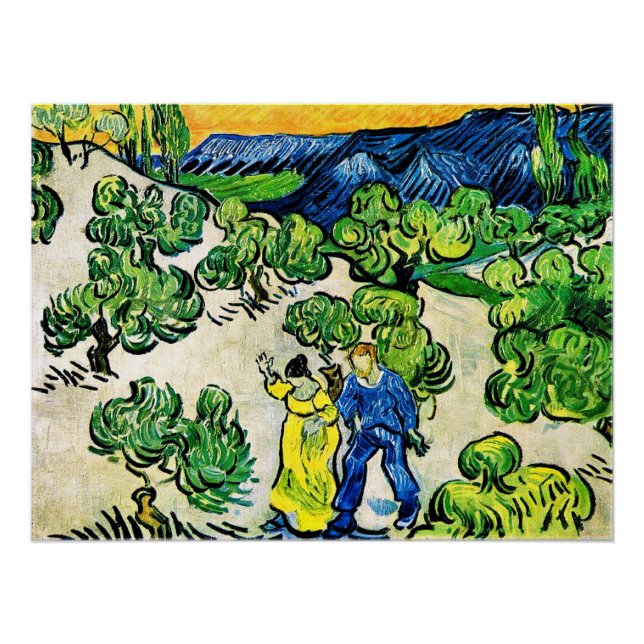 Landschaft mit Paarwanderung und Mondmond Poster (Vorderseite)