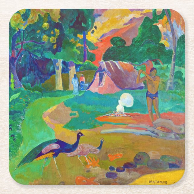 Landschaft mit Peakocks, Gauguin Rechteckiger Pappuntersetzer (Vorderseite)