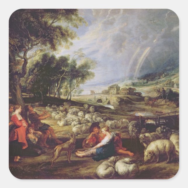 Landschaft mit Regenbogen Quadratischer Aufkleber (Vorderseite)