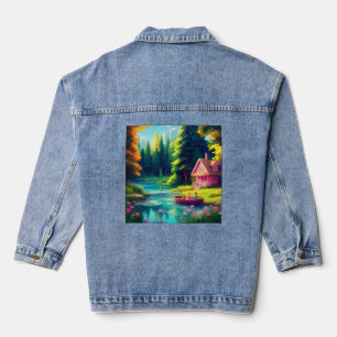 Landschaft mit rosa Hütte Jeansjacke