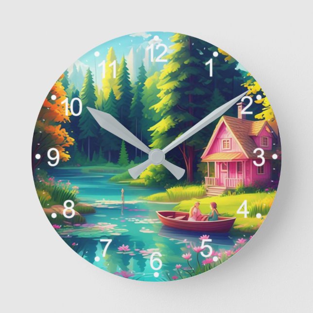 Landschaft mit rosa Hütte Runde Wanduhr (Vorderseite)