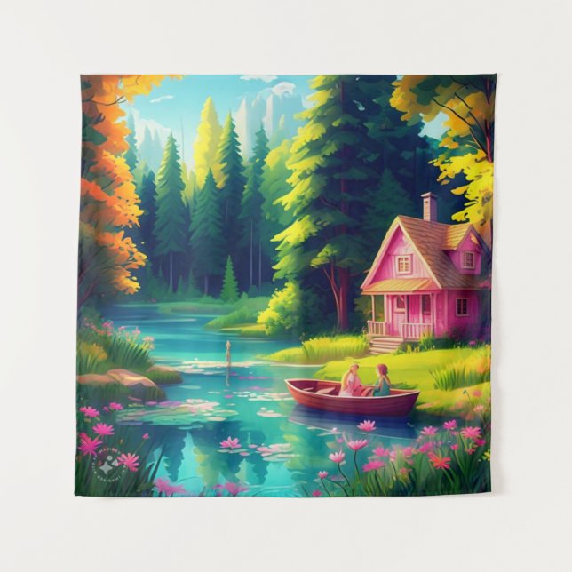 Landschaft mit rosa Hütte Wandteppich (Vorderseite)