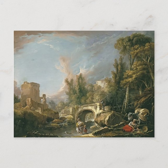 Landschaft mit Ruin & Brücke von Francois Boucher Postkarte (Vorderseite)