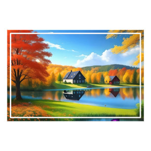 Landschaft mit See, Hütte und Bäumen-324563 Fotodruck