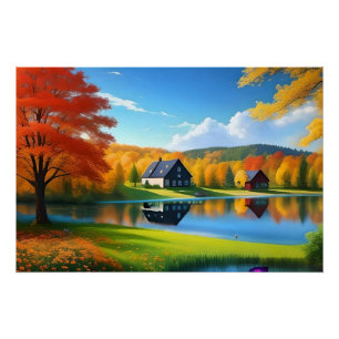 Landschaft mit See, Hütte und Bäumen-324563 Poster