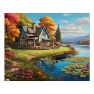 Landschaft mit See neben Hütte-4455 Poster