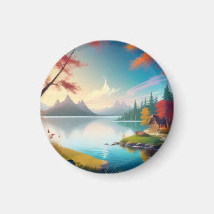 Landschaft mit See und Hütte Magnet