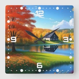 Landschaft mit See und Hütte Quadratische Wanduhr
