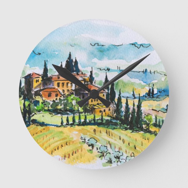 Landschaft mit Stadt und Zypressen Runde Wanduhr (Vorderseite)