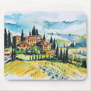 Landschaft mit Stadt- und Zypressenbäumen Mousepad